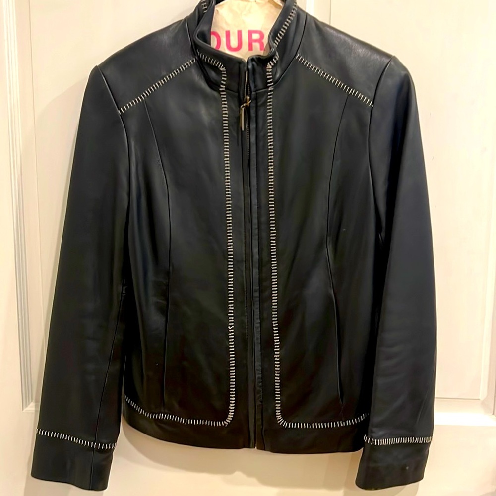 Black Leather Moto Jacket Whipstitch detail
